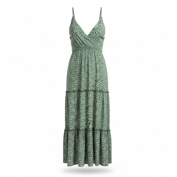 easel Dresses & Skirts - Easel Floral Print Midi Dress Green White Tiered Woven Spaghetti Strap V Neck L